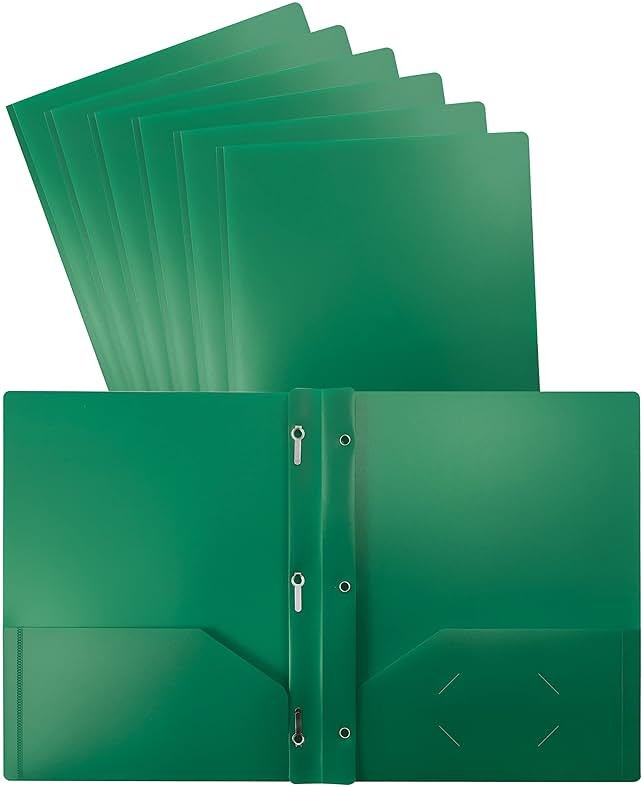 Better Office Products Green Plastic 2 Pocket Folders with Prongs, Heavyweight, Letter Size Poly Folders, 24 Pack, with 3 Metal Prongs Fastener Clips, Green - Product Image