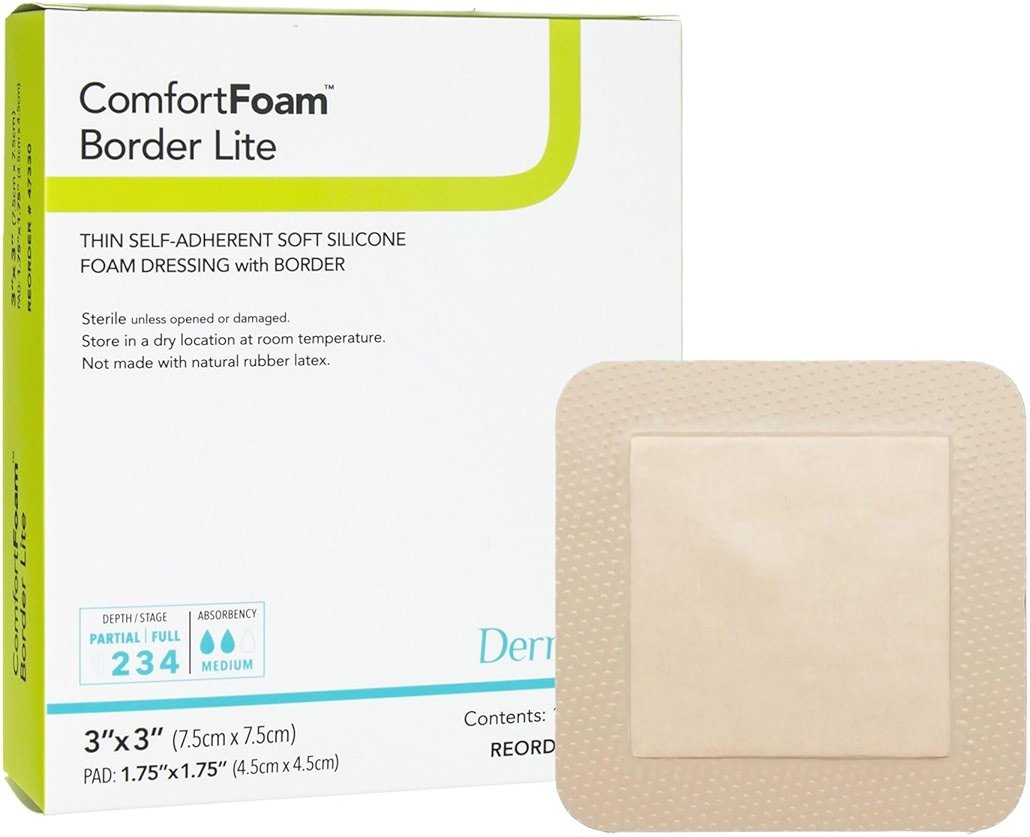 DermaRite's ComfortFoam Border Lite, Thin Foam Wound Dressing - Flexible Soft Silicone, Self Adhesive, No Natural Rubber Latex - 3 in. x 3 in., 1 Count, 10 Packs, 10 Total - Product Image
