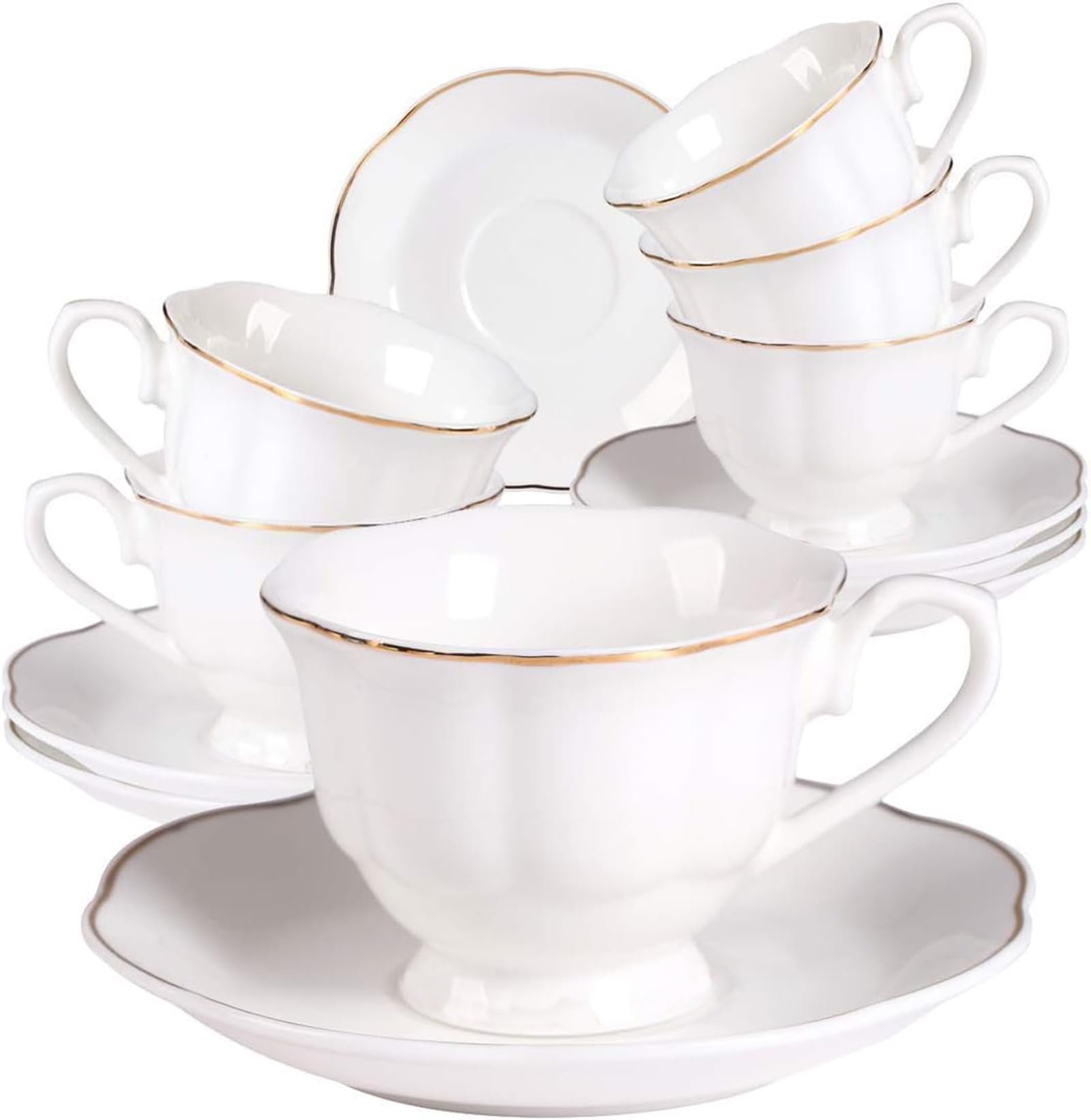 Guangyang 12 Pieces Tea Cup set Fine Porcelain 6oz Cup and Saucer set of 6 for Cappuccino Tea Flat White Coffee - Product Image