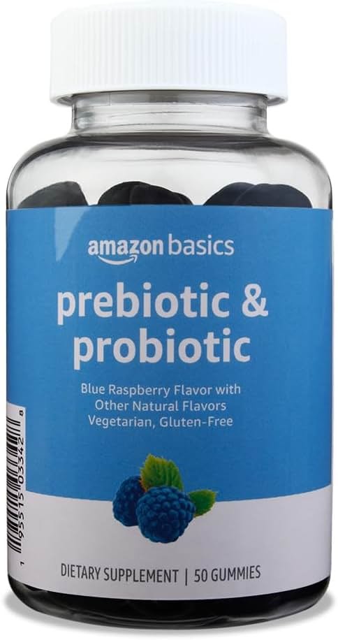 Amazon Brand - Solimo Prebiotic & Probiotic Gummies, 2 Billion CFU, Blue Raspberry, 50 Count (2 per Serving) - Product Image