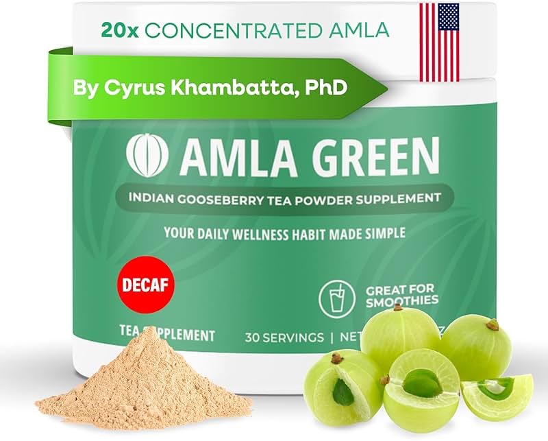 Amla Powder & Decaf Green Tea Superfood Supplement, 20x Ultra Concentrated Amla, Antioxidant Support, Made with Oolong Tea and Indian Gooseberries, Organic, Vegan, Decaf, 30 Servings - Product Image