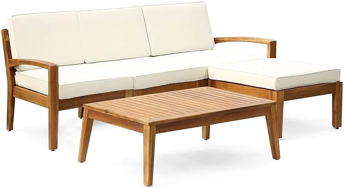 Christopher Knight Home Grenada Sectional Sofa Set | 5-Piece 3-Seater | Includes Coffee Table and Ottoman | Acacia Wood Frame | Water-Resistant Cushions | Teak and Beige, Finish - Product Image
