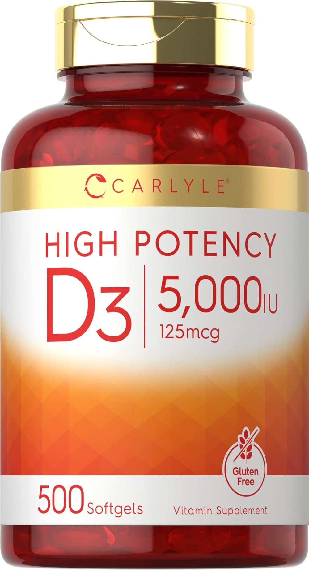 Carlyle Vitamin D3 5000 IU Softgels | 500 Count | Value Size | Non-GMO and Gluten Free Supplement | High Potency Formula | 125mcg - Product Image