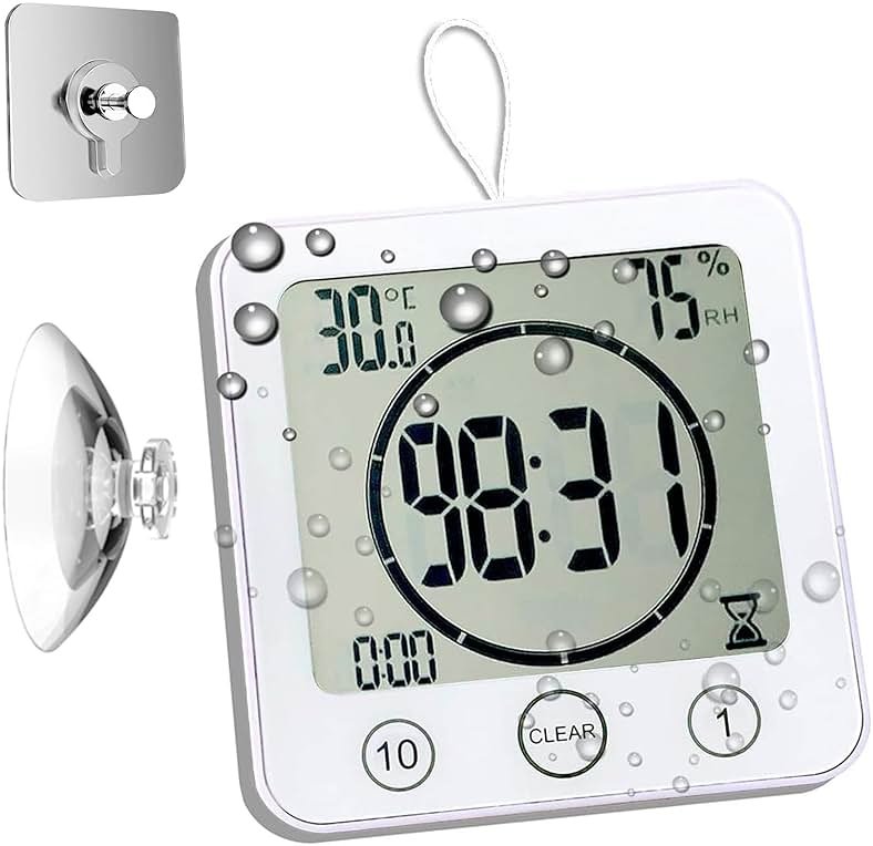Waterproof Bathroom Wall Clock and Timer, Digital Water Resistant Hanging Timer for Shower, Large Display Kitchen Cooking Countdown Timers, Mirror Suction Clock with Temperature Humidity Meter (White) - Product Image