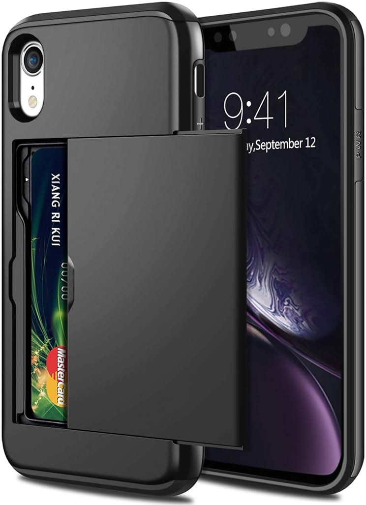 SAMONPOW for iPhone XR Case Wallet Card Holder Heavy Duty Protection XR Phone Case Wallet Card Holder Dual Layer Anti Scratch Hard PC Soft Rubber Bumper Cover Case for iPhone XR 6.1 inch Black - Product Image