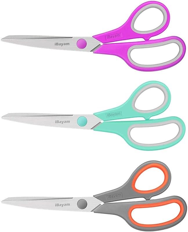 Scissors, iBayam 8" All Purpose Scissors Bulk 3-Pack, Ultra Sharp 2.5mm Thick Blade Shears Comfort-Grip for Office Desk Accessories Sewing Fabric Home Craft Teacher School Supplies, Right/Left Handed - Product Image