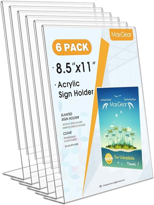 MaxGear 6 Pack Acrylic Sign Holder 8.5 X 11, Plastic Paper Holder With Vertical Slanted Back, Picture Photo Frames Display Stand Flyer and Document Organizer for Office Desktop Use - Product Image