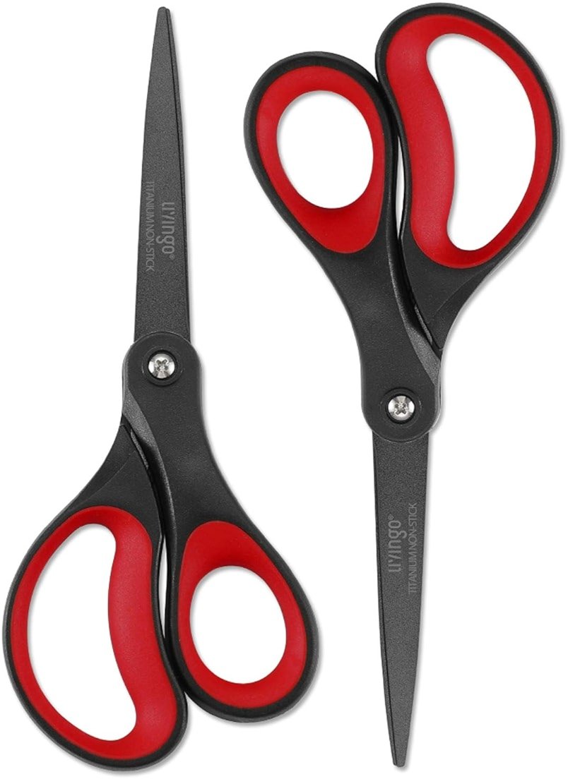 LIVINGO 2 Pack 8" Titanium Non-Stick Scissors, Professional Stainless Steel Comfort Grip, All-Purpose, Straight Office Craft Scissors for DIY(Red/Black) - Product Image