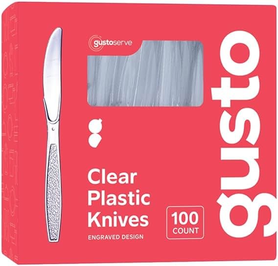 GUSTO [100 Pack Clear Plastic Knives Heavy Duty with Engraved Design - Disposable, Sturdy for Parties, Weddings, and Events-(Formerly Comfy Package) - Product Image