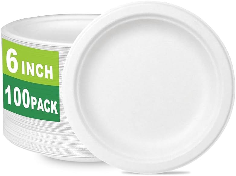 CantaGreen 6 inch Small Compostable Dessert Plates,100 Count Heavyduty Sugarcane/Bagasse and Bamboo Fibre Biodegradable Disposable Paper Plate - Product Image