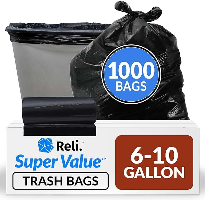 Reli. 6-10 Gallon Trash Bags | 1000 Bags | Black | Bathroom | Strong | Garbage - Product Image