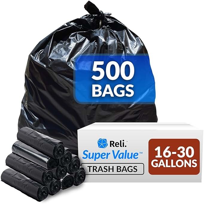 Reli. 16-25 Gallon Trash Bags | 500 Bags | Black | Home, Kitchen | Strong | Garbage - Product Image
