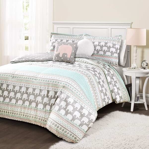 Lush Decor Elephant Stripe Reversible Comforter Twin Size 4 Piece Set Turquoise & Pink - Toddler Bedding Set Twin Comforter - Kids Bedroom Decor - Product Image