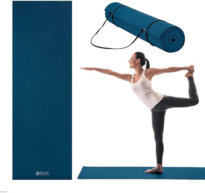 Gaiam Essentials Thick 2/5" (10mm) and Thin 1/4" (6mm) Yoga & Pilates, Fitness & Exercise Mat with Easy-Cinch Carrier Strap - Product Image