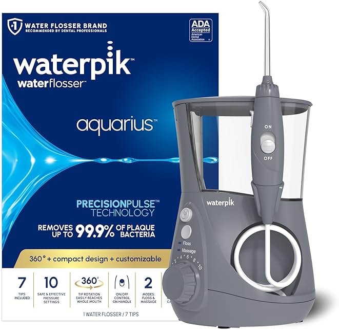 Waterpik Aquarius Water Flosser For Teeth Cleaning, Gums, Braces, Dental Care, Electric Power With 10 Settings, 7 Tips For Multiple Users And Needs, ADA Accepted, Gray WP-667, Packaging May Vary - Product Image