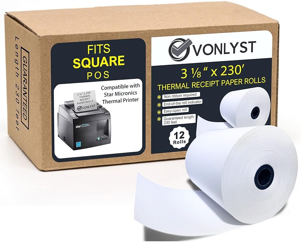 Vonlyst Receipt Paper Roll 3 1/8 x 230 for Square Register and Square POS System connected to Star Micronics Thermal Printer (Pack 12 rolls) - Product Image