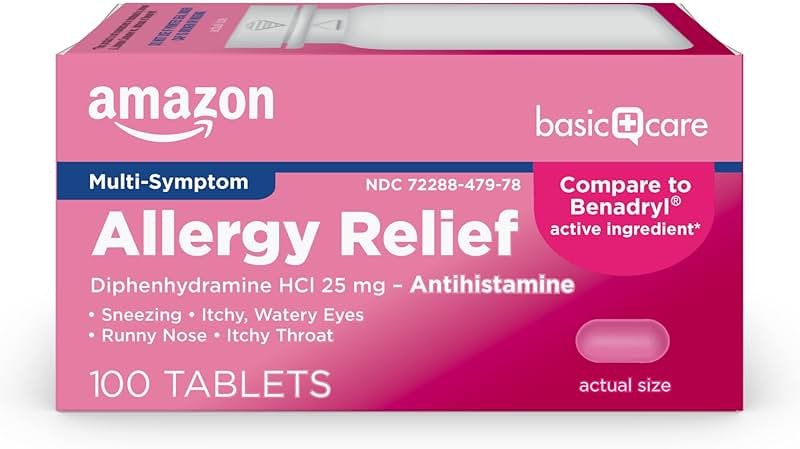 Amazon Basic Care Allergy Relief Diphenhydramine HCl 25 mg, Antihistamine Tablets for Symptoms Due to Hay Fever and Upper Respiratory Allergies, Mini-Tabs, 100 Count - Product Image