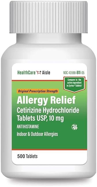 HealthCareAisle Allergy Relief - Cetirizine Hydrochloride Tablets USP, 10 mg - 500 Tablets - Original Prescription Strength Allergy Medication, 24-Hour Relief - Product Image