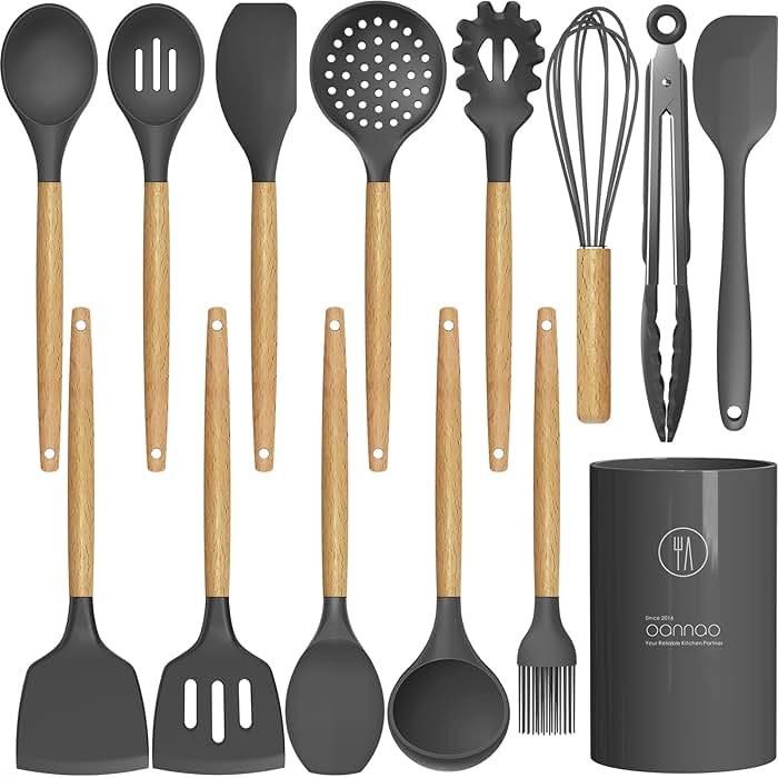 oannao Silicone Cooking Utensils Kitchen Utensil Set - 446°F Heat Resistant Silicone Kitchen Utensils Set, Spatula,Turner Tongs, Spoon, Whisk,Kitchen Gadgets for Nonstick Cookware, BPA Free (Gray) - Product Image