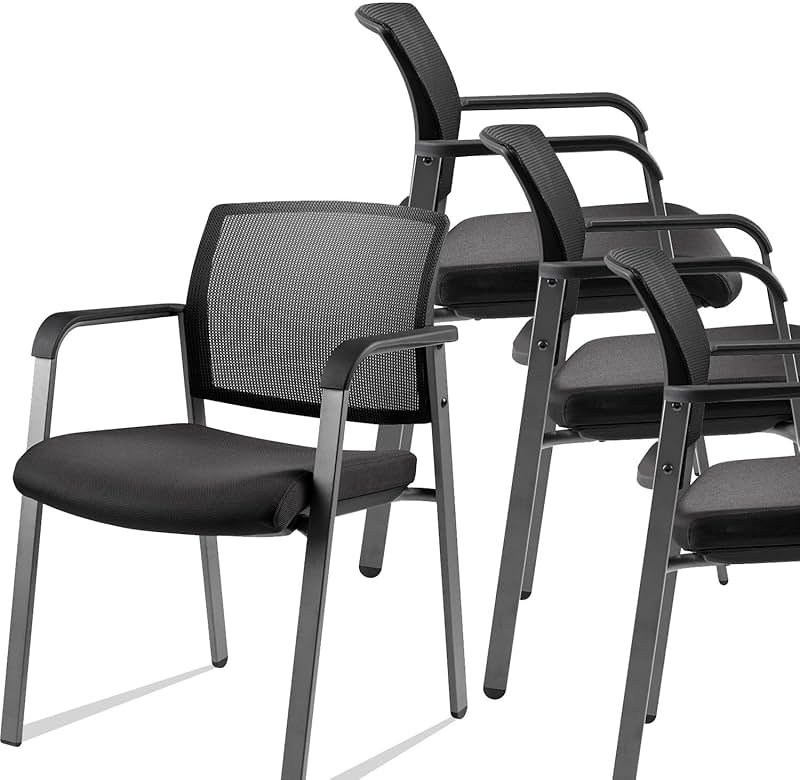 CLATINA Mesh Back Stacking Arm Chairs with Upholstered Fabric Seat and Ergonomic Lumber Support for Office School Church Guest Reception Black 4 Pack Set New Version - Product Image