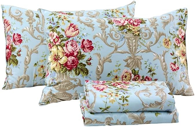 FADFAY Shabby Floral Bedding Elegant Peony Sheets Set Luxury Bedding Collections 800 Thread Count 100% Egyptian Cotton Deep Pocket, 4 Piece-Queen Size - Product Image