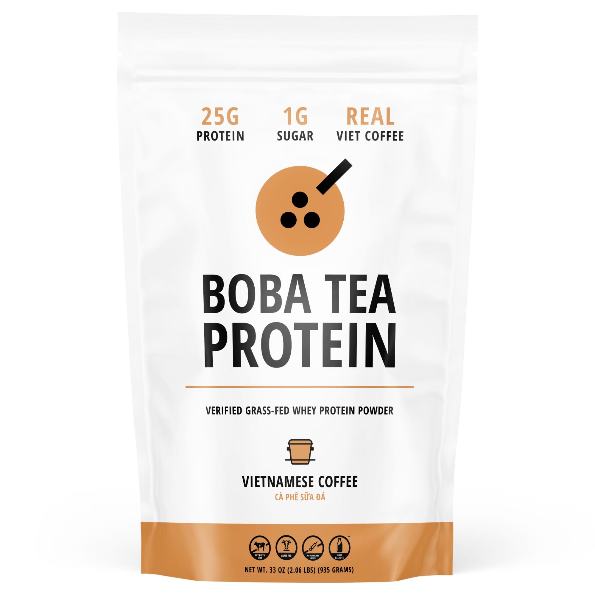 Boba Tea Protein Vietnamese Coffee | 25g Grass-Fed Whey Protein Isolate Powder | 112mg Caffeine | Gluten-Free & Soy-Free Bubble Tea Drink | Real Ingredients & Lactose-Free Protein Drink | 25 Servings - Product Image