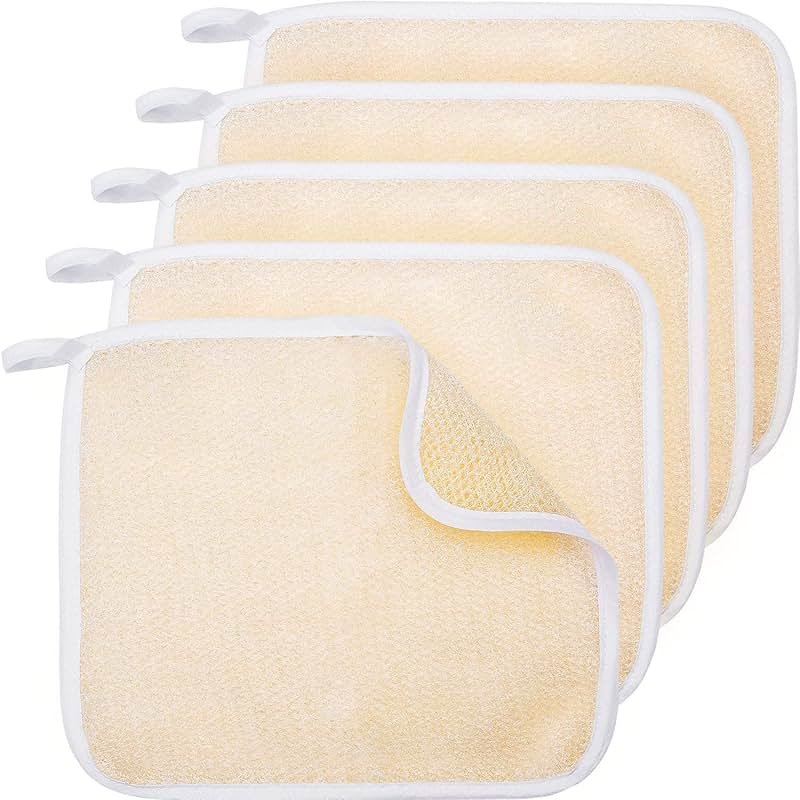 Tatuo 5 Pcs Exfoliating Face and Body Wash Cloths Towel Weave Bath Exfoliating Scrub Massage Bath Cloth for Women and Men, 10.23 x 8.66 Inch(Beige Edge) - Product Image