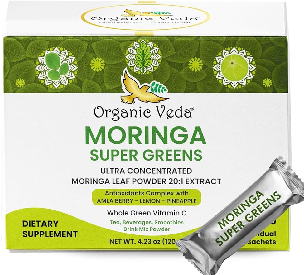 Organic Veda Moringa Amla Greens, Superfood Drink Mix Tea Powder 30 Sticks - Pineapple Juice, Concentrated Moringa Powder, Amla Juice Vitamin C & Antioxidants for Energy, Hair Growth, Skin & Immunity - Product Image