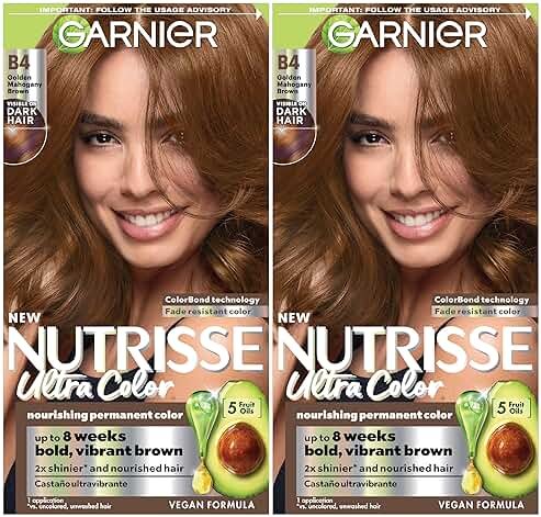 Garnier Nutrisse Ultra Color Hair Color, Permanent Hair Dye for Up to 8 Weeks of Bold, Vibrant, Fade-Resistant Results, Vegan & Cruelty-Free, B4 Golden Mahogany Brown (Caramel Chocolate), 2 Count - Product Image