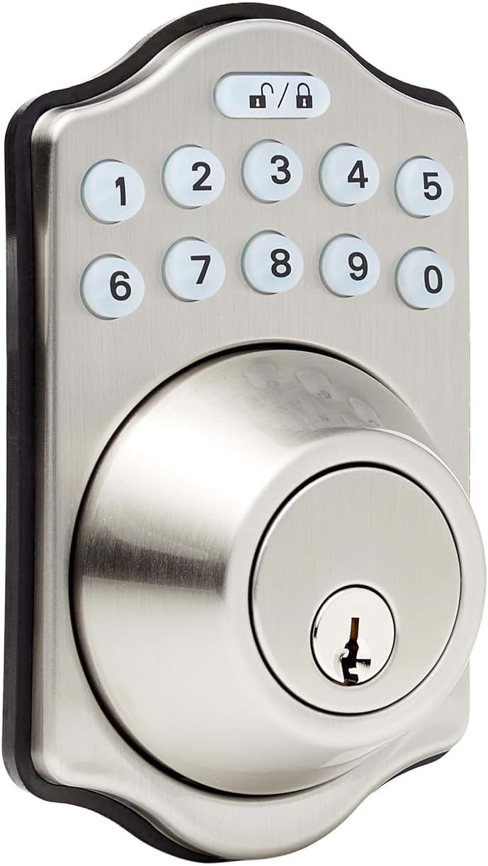 Amazon Basics Electronic Keypad Deadbolt Door Lock with Auto Lock, Customizable User Codes, One-time Codes, Touch-Control Keyless Entry, Traditional, Satin Nickel, 1-Pack - Product Image