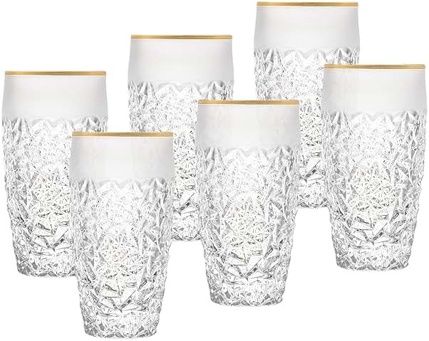 Barski - European Quality Glass - Crystal - Set of 6 - Highball - Hiball Tumblers - 16 oz. - Raindrop Design with Frosted Border and Gold Rim on Tumbler - Glasses are Made in Europe - Product Image