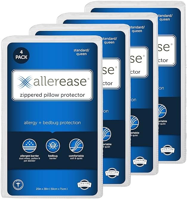 Set of 4 Standard/Queen AllerEase Pillow Protectors - Moisture Wicking, Advanced Allergy Protection - Premium Polyester, Zippered Protectors - Product Image