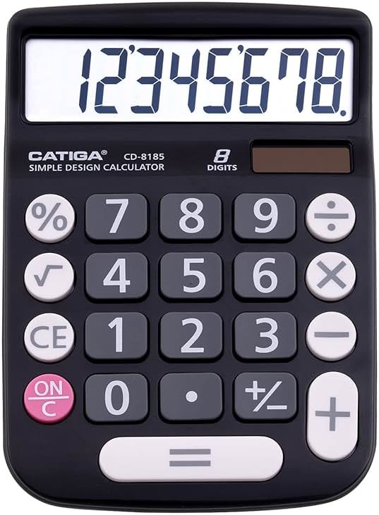 CATIGA Desktop Calculator 8 Digit with Solar Power and Easy to Read LCD Display, Big Buttons, for Home, Office, School, Class and Business, 4 Function Small Basic Calculators for Desk, CD-8185 Black - Product Image