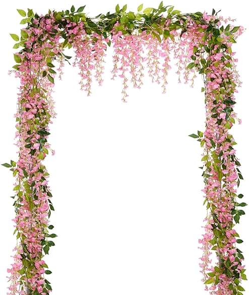 Lvydec Wisteria Artificial Flowers Garland, 4 Pcs Total 28.8ft Artificial Wisteria Vine Silk Hanging Flower for Home Garden Outdoor Ceremony Wedding Arch Floral Decor (Pink) - Product Image