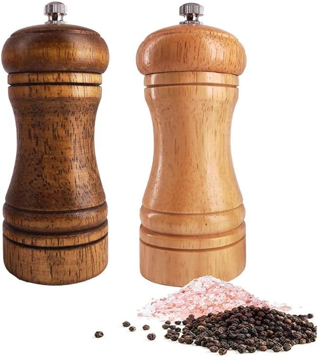 Salt and Pepper Grinders Set,Ouktor Manual Wooden Salt and Pepper Mills Shakers, Ceramic Rotor with Strong Adjustable Coarseness (5.5inch) - Product Image
