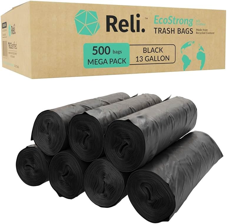 Reli. EcoStrong 13 Gallon Trash Bags | 500 Count Bulk | Black | Eco-Friendly | Made from Recycled Material - Product Image
