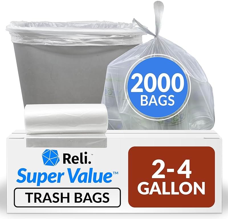 Reli. 2-4 Gallon Trash Bags | 2000 Bags | Clear | Bathroom | Strong | Garbage - Product Image