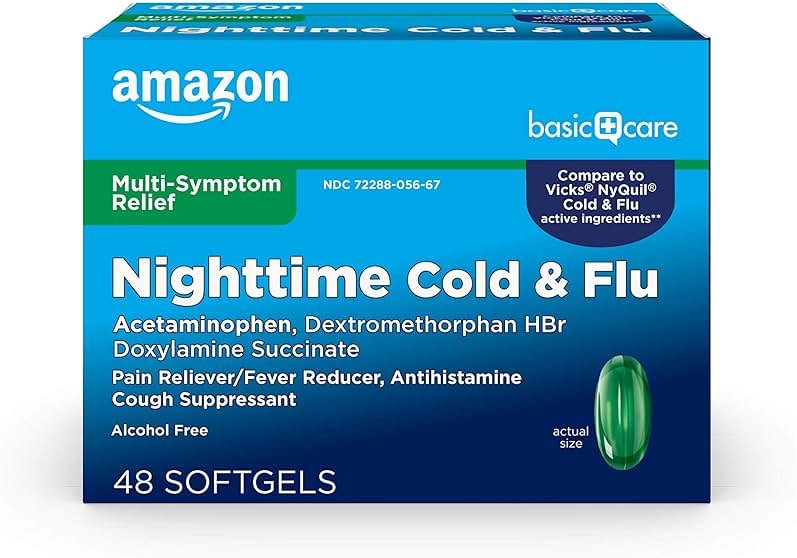 Amazon Basic Care Nighttime Cold & Flu Relief, Pain Reliever, Fever Reducer, 6 Hour Cold Medicine, Cough Suppressant, Antihistamine, 48 Count - Product Image