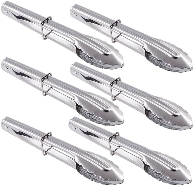HINMAY Mini Stainless Steel Food Tongs with Silding Rings 7-Inch, Set of 6 | Small Clam Shell Service Tongs for Serving Appetizers, Desserts, Salads, Barbecue and Cooking (Silver) - Product Image