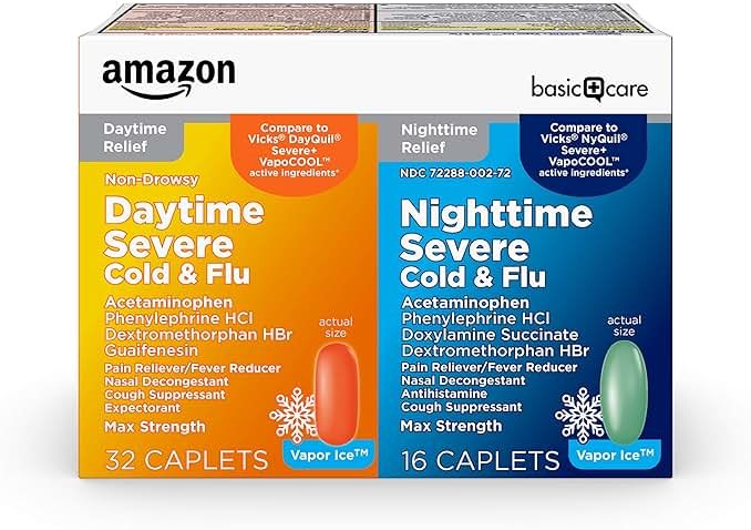 Amazon Basic Care Vapor Ice Day and Night Severe Cold and Flu Relief Caplets, Maximum Strength Medicine, Combo Pack, 48 Count - Product Image