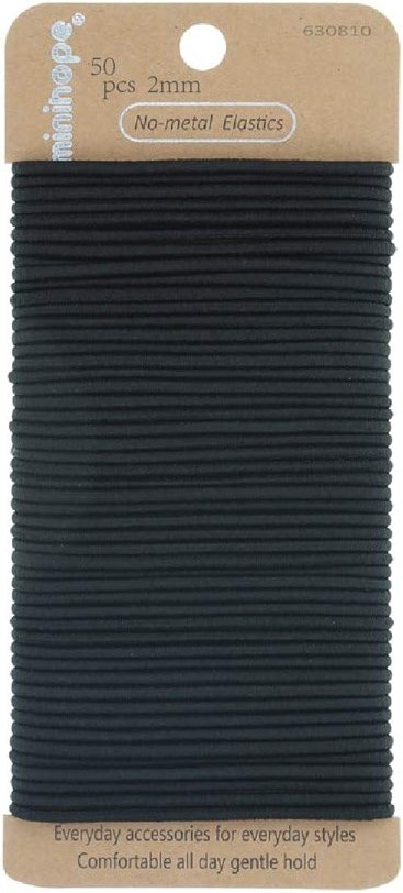 Minihope no-metal girls elastic hair ties, women's black elastics, 2mm Hair elastics 50 Count - Product Image