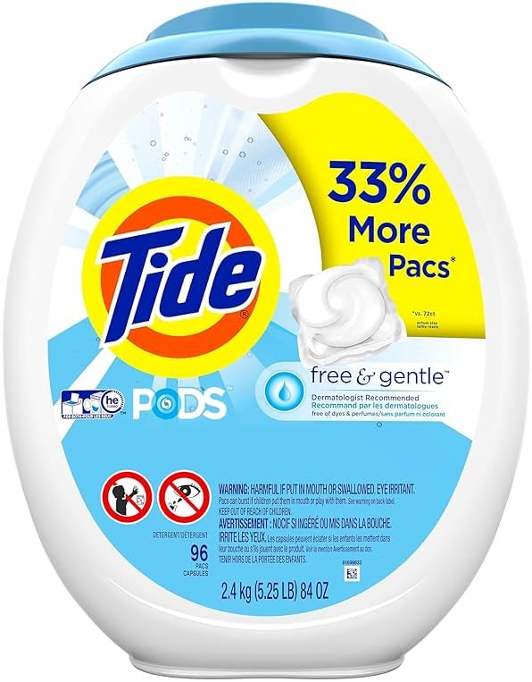 Tide PODS Free and Gentle, Laundry Detergent Soap PODS, HE, 96 Count - Unscented and Hypoallergenic for Sensitive Skin, Free and Clear of Dyes and Perfumes - Product Image