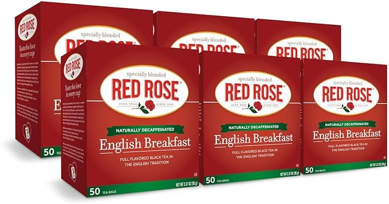 Red Rose Teas Black Tea, 6 Boxes of 50 (300 Tea Bags), Decaffeinated English Breakfast - Product Image