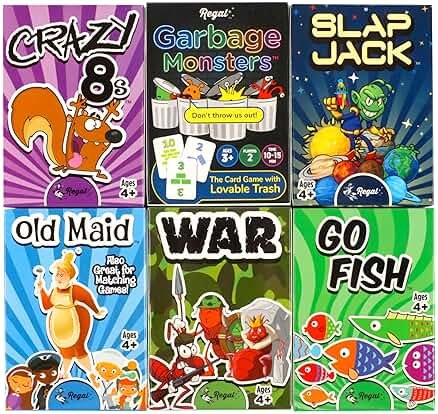 Regal Games Card Games for Kids - Go Fish, Crazy 8's, Old Maid, Slap Jack, Garbage Monster, War - Simple & Fun Classic Family Table Games - Games May Vary (6 Set) - Product Image