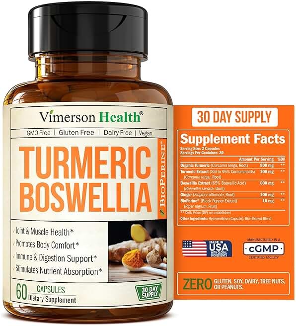 Boswellia Serrata Turmeric Curcumin Supplement: Organic Tumeric, Boswellia Extract, Ginger & BioPerine for Max Absorption – Inflammation & Joint Supplements for Men & Women – Non-GMO – 60 Capsules - Product Image