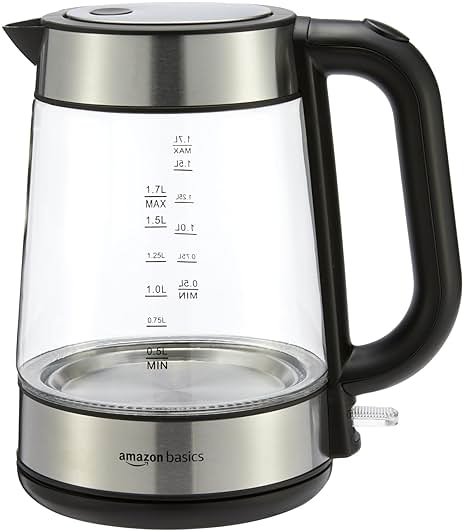 Amazon Basics Electric Kettle with Glass Carafe for Tea and Coffee, BPA-Free, Fast Boiling, Auto Shut-Off, Boil-Dry Protection, Water Level Indicator, 1.7 Liter, 1500W, Black and Silver - Product Image