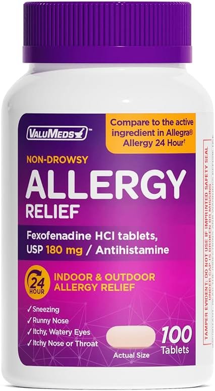 ValuMeds | Compare to Allegra | Fexofenadine HCl 180mg | 24-Hour Allergy Relief, Non-Drowsy Antihistamine Generic Medicine for Allergies, Hay Fever, Itchy Eyes | for Kids & Adults (100 Count) - Product Image