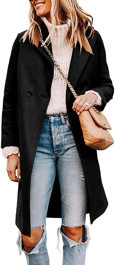 Tanming Women's Wool Pea Coats Long Trench Coats Jackets | Double Breasted, Notch Lapel, Casual Elegant Coat, Warm Peacoat Overcoat, Fall Winter Clothes Outerwear, Daily Street Wear - Product Image