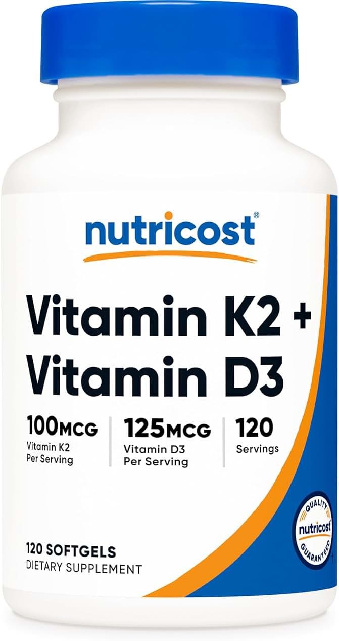 Nutricost Vitamin D3 + K2 (5000 IU D3 / 100mcg MK7), 120 Softgels – Gluten-Free & Non-GMO - Product Image