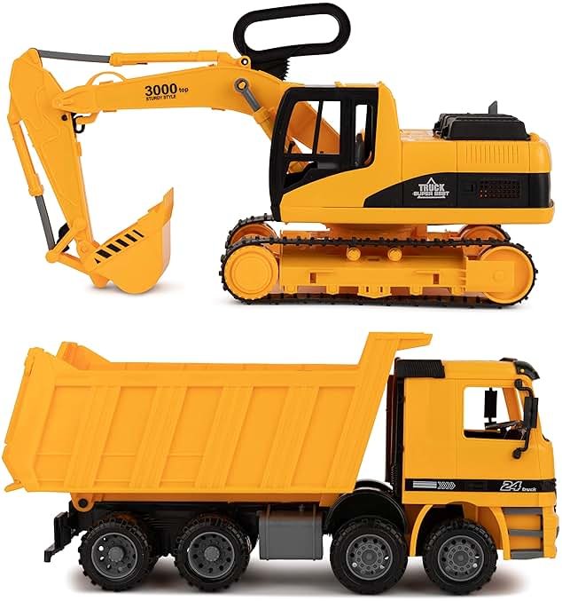 Toy To Enjoy Construction Toys - Excavator & Dump Truck Toy for Kids (Set of 2) – Moveable Claw & Lifting Back – Garbage Truck & Bulldozer Digger – Construction Vehicles for Boys & Kids - Product Image